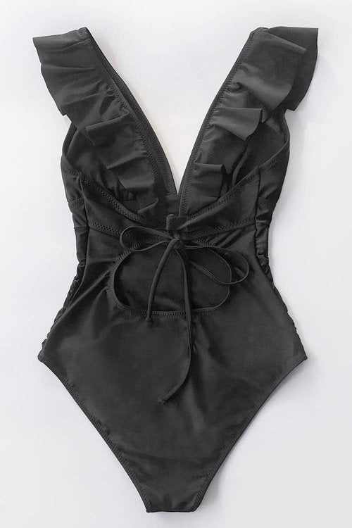 CUPSHE Women's Ruffled One-Piece Swimsuit - V-Neck Lace-Up Design for Flattering Fit