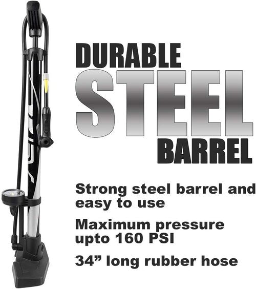 BV Bicycle Pump - Durable Floor Pump with Smart Valve Head | 160 PSI, Automatically Reversible for Presta & Schrader