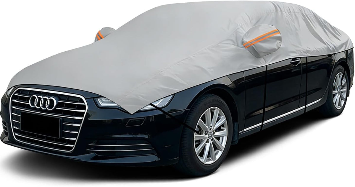Waterproof Half Car Cover for Large SUV L, Outdoor Roof & Windshield Protector with Cotton Liner, All Weather Top Half Cover for Rain, Snow, Sun, Dust and Debris, Fits Most Full Size SUVs