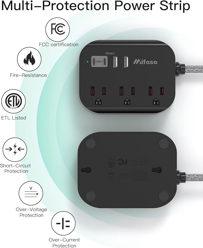 10FT Power Strip with USB Ports - Extension Cord with 3 Outlets and 3 USB Charging Ports, Flat Plug, Wall Mount, No Surge Protection for Cruise Ship Travel, Desk Accessories for Dorm Room Essentials