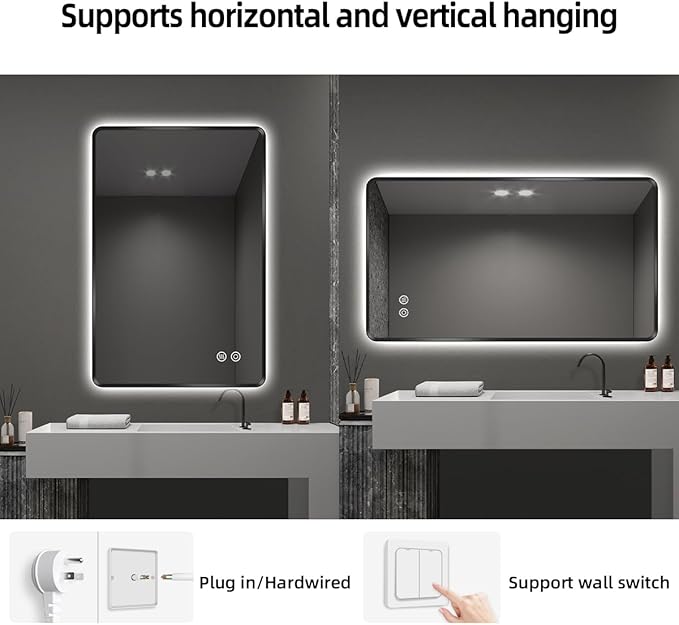 28" x 36" Black LED Bathroom Mirror, Smart Touch Switch, Anti-Fog, Backlit Mirror, 3-Color Dimmable Lighting, CRI≥93, Modern Bathroom Vanity Wall Mirror with Lights (Horizontal/Vertical)
