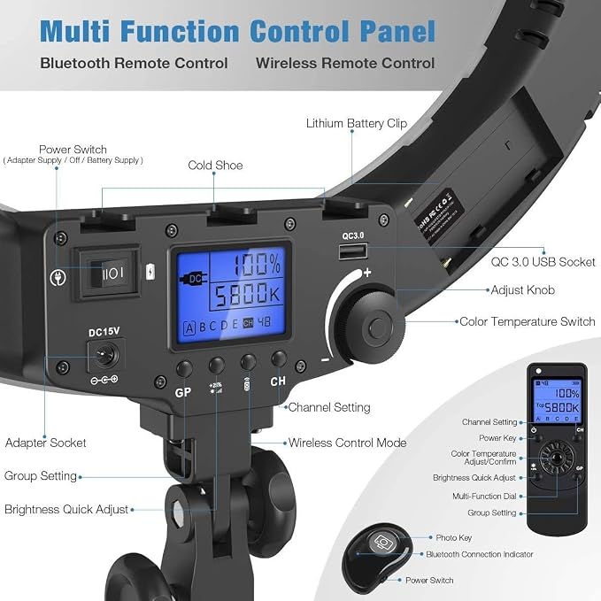 19 inch Ring Light with Remote Controller and Stand iPad Holder, 60W Bi-Color