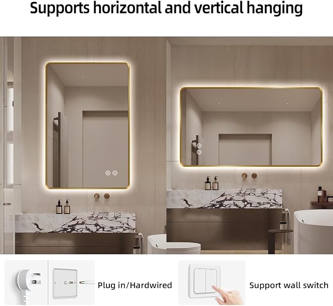 28" x 36" Gold LED Bathroom Mirror, Smart Touch Switch, Anti-Fog Mirror, 3-Color Dimmable, CRI≥93, Wall-Mounted Backlit Mirror with Lights for Modern Bathroom (Horizontal/Vertical)