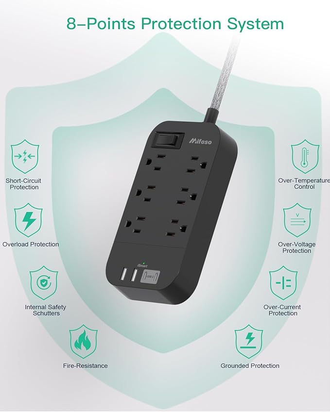 Extension Cord 15 FT, Flat Plug Power Strip, Long Extension Cord with Multiple Outlets with 6 Outlets 4 USB Ports(2 USB C), USB Power Strip for Home, Office, Dorm Room Essentials, College, Black