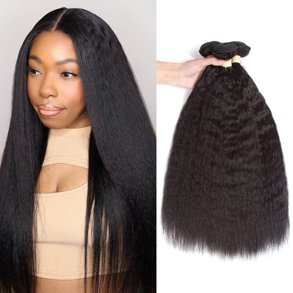 Kerriana Kinky Straight Human Hair Bundles, Kinky Straight Sew In 100% Unprocessed Brazilian 3 Bundles 10 12 14 Inch For Black W