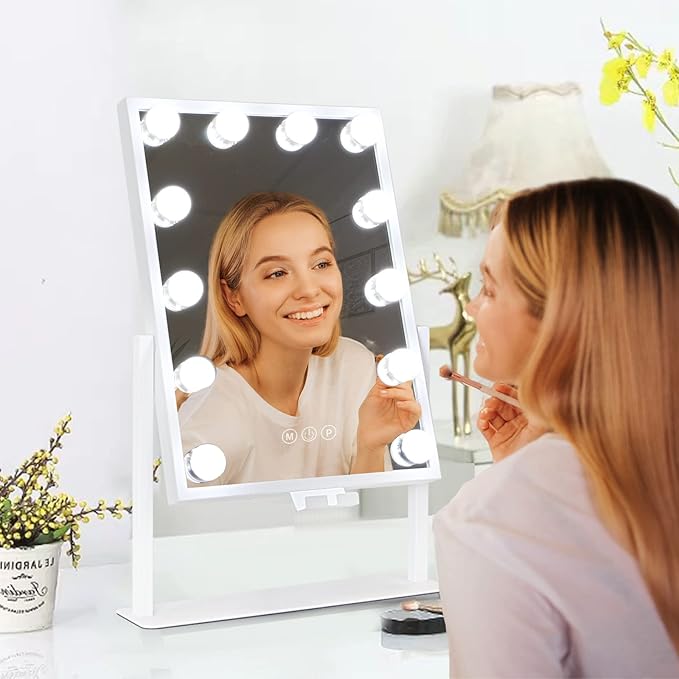 Vanity Mirror with Lights, Hollywood Lighted Makeup Mirror with Phone Holder, Smart Touch Control, 3 Color Lighting Modes, Detachable 10X Magnification, 360°Rotation(White)