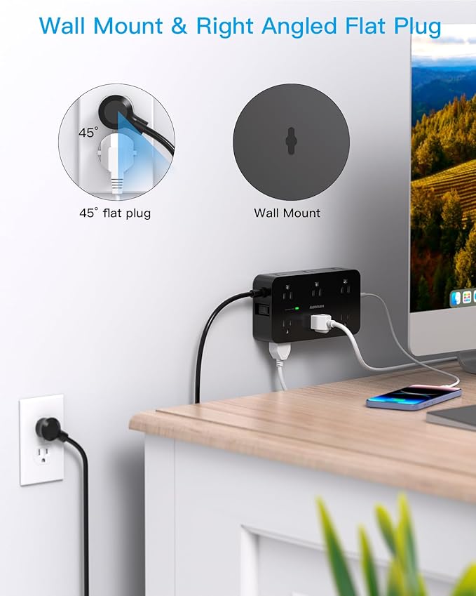Black Extension Cord 15 Ft, HANYCONY Power Strip with 1080J Surge Protection, 12 Outlets with 4 USB Ports(2 USB C), Wall Mount, Desk Charging Station for Office Home College Dorm Room Essentials