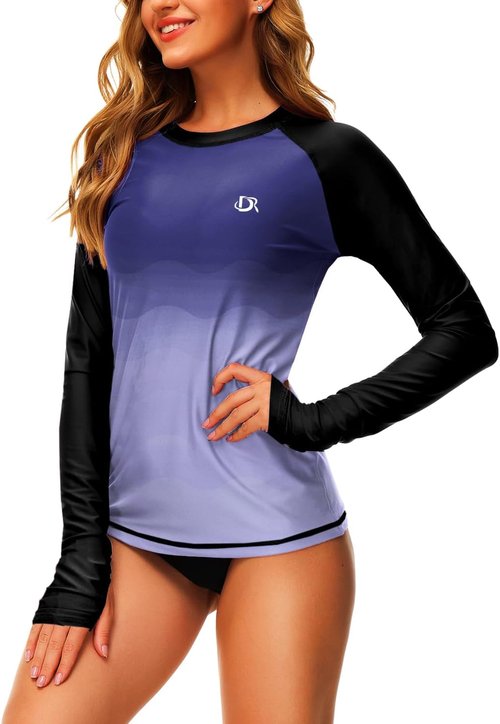 Deerose Women's Gradient Rash Guard - UPF 50+ Swim Shirt with Thumb Hole for Surfing