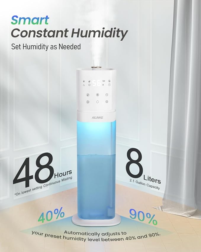 Smart Humidifier Large Room, 2.1Gal/8L Humidifiers for Bedroom with Extended Tube&Night Light, Whole House Cool Mist Humidifiers, WIFI App&Voice Control, School/Office/Warehouse, White