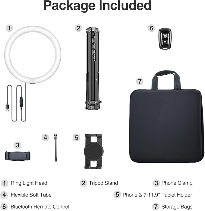 Elitehood 12’’ Ring Light with Tripod Stand & iPad/Phone Holder, Dimmable