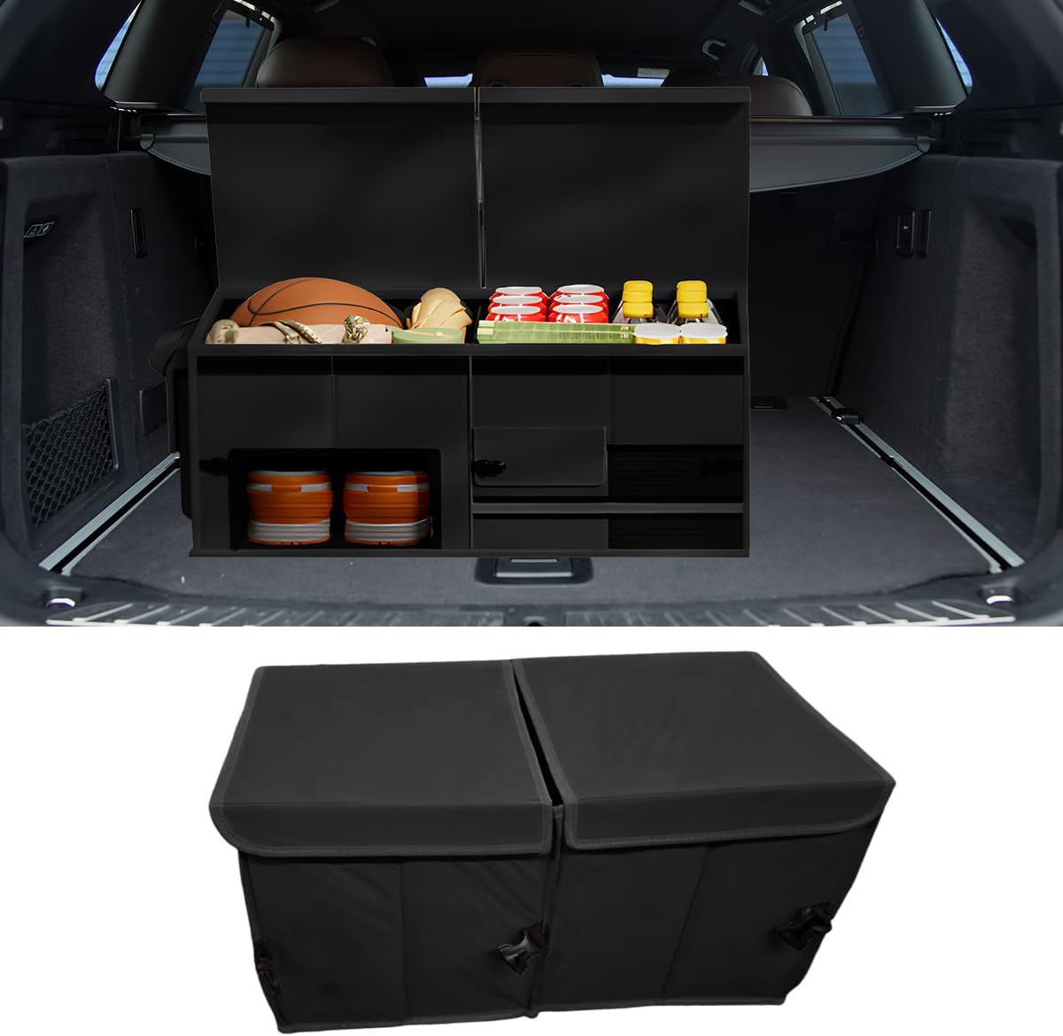Car Trunk Organizer, Collapsible Multi Compartment Car Storage Box with Lid & Reinforced Handles, Adjustable Waterproof Storage Organizer Accessories for SUVs Cars Trucks (Beige)