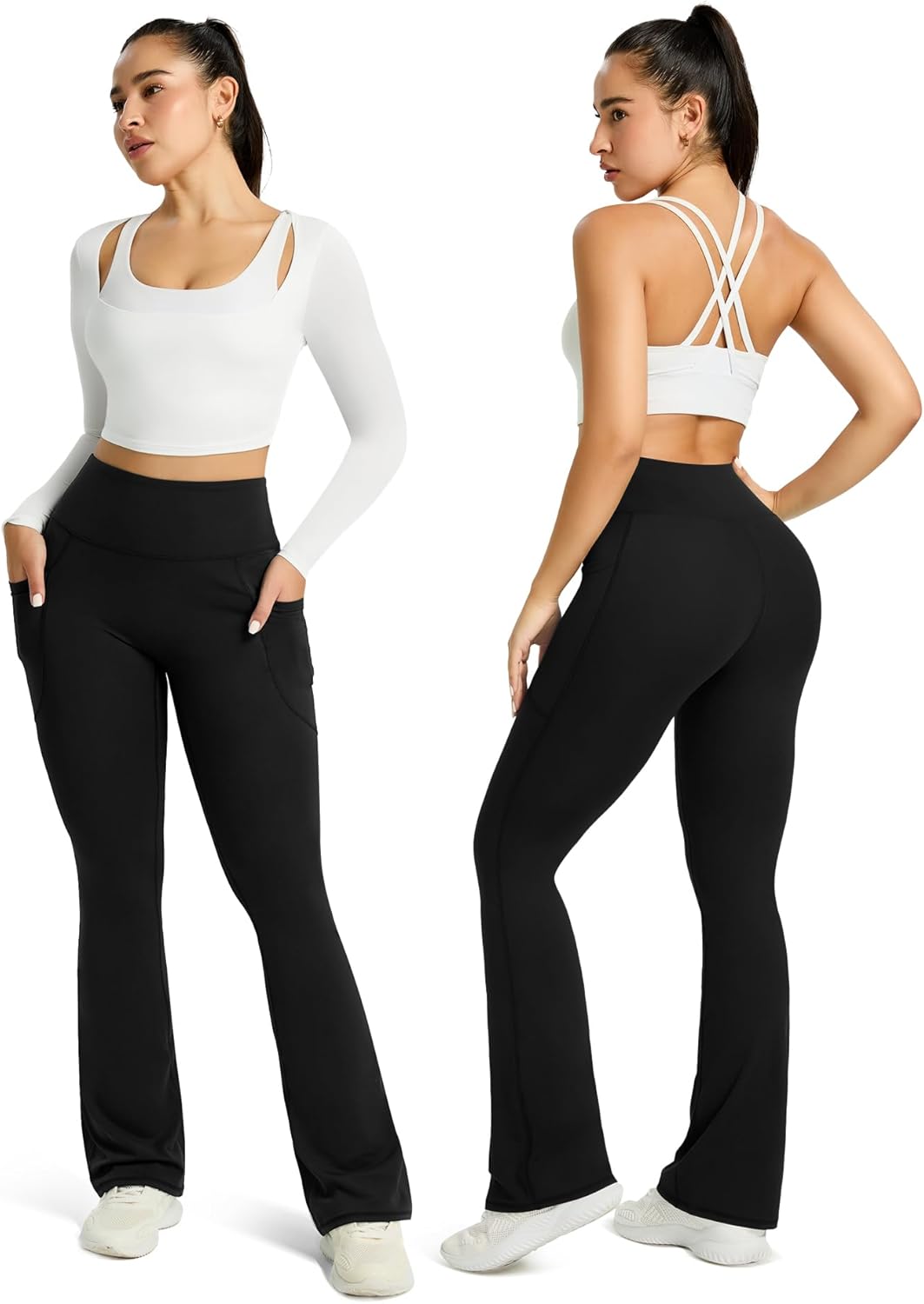 Skiennix Women's Flared Yoga Pants - High Waisted Bootcut Leggings with Pockets | Comfortable Fit