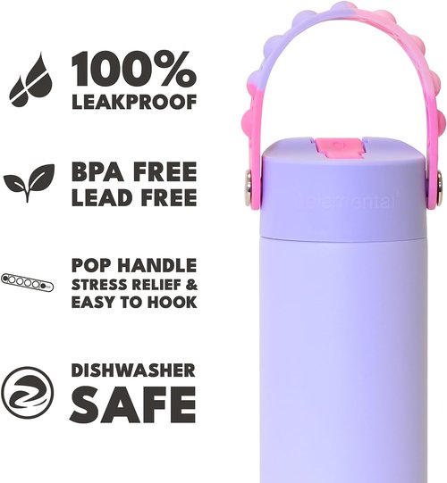Elemental Insulated Kids Water Bottle - Leak-Proof Stainless Steel with Straw Lid & Pop-It Handle | 18oz Lilac Tie Dye