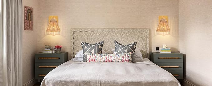 Set of 2 Wall Sconces Boho Hand Woven Rattan Wall Lights Brass Wall Lamp with Flower Wicker Shade for Bedside Hallway Vanity Stairway Fireplace Living Room, UL Listed