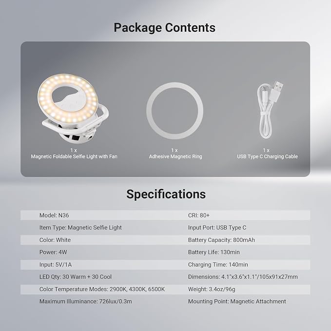NEEWER Entry Level Version N36 Magnetic Selfie Ring Light & Phone Cooler