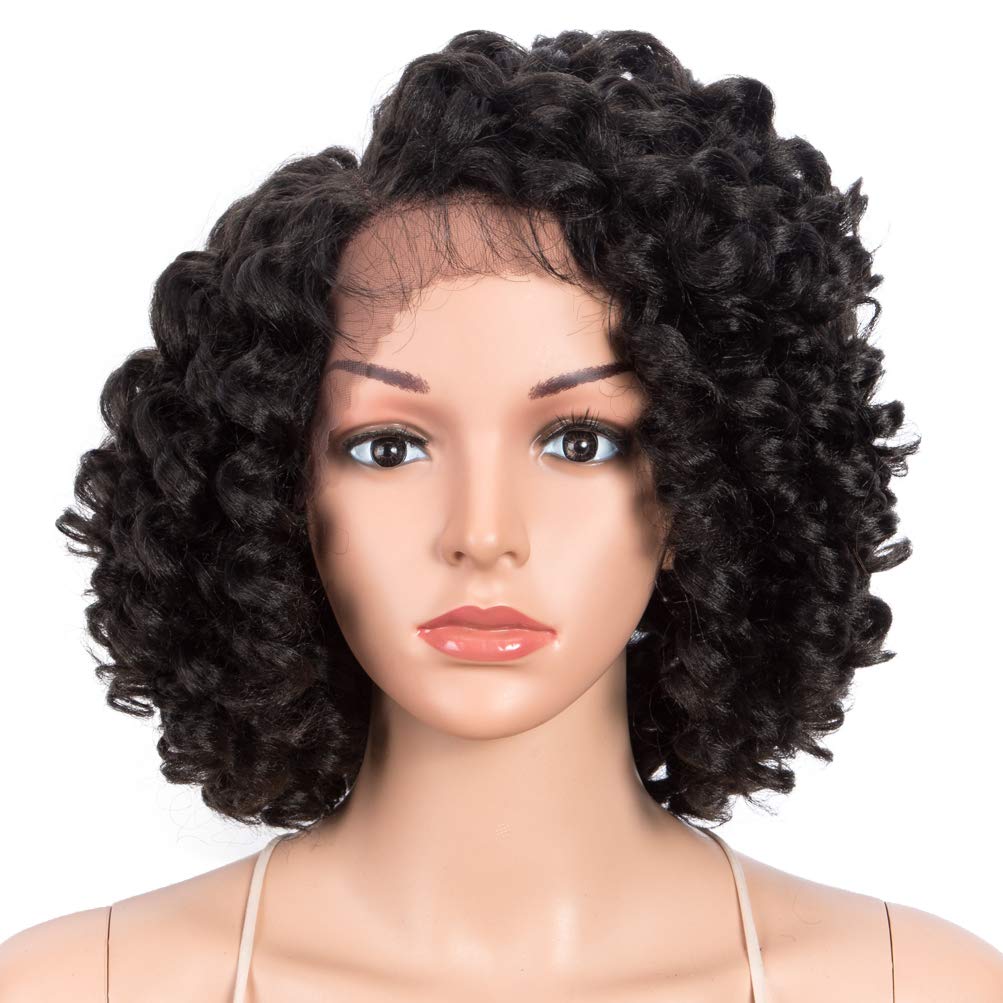 Style Icon 13'' Afro Wigs Short Curly Wigs For Black Women Lace Front Side Part Synthetic Wigs (13 Inch, Jet Black 1#)