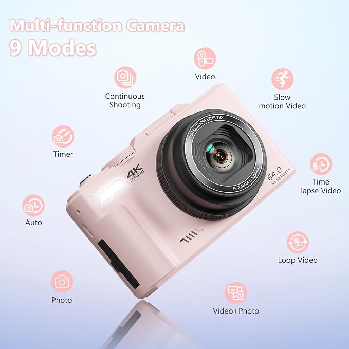 4K Digital Camera with 64MP Photos, Vlogging Camera with 180° Flip Screen