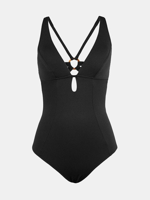 CUPSHE One Piece Swimsuit - Deep V Neck Keyhole Cutout Design | Textured Bathing Suit for Women
