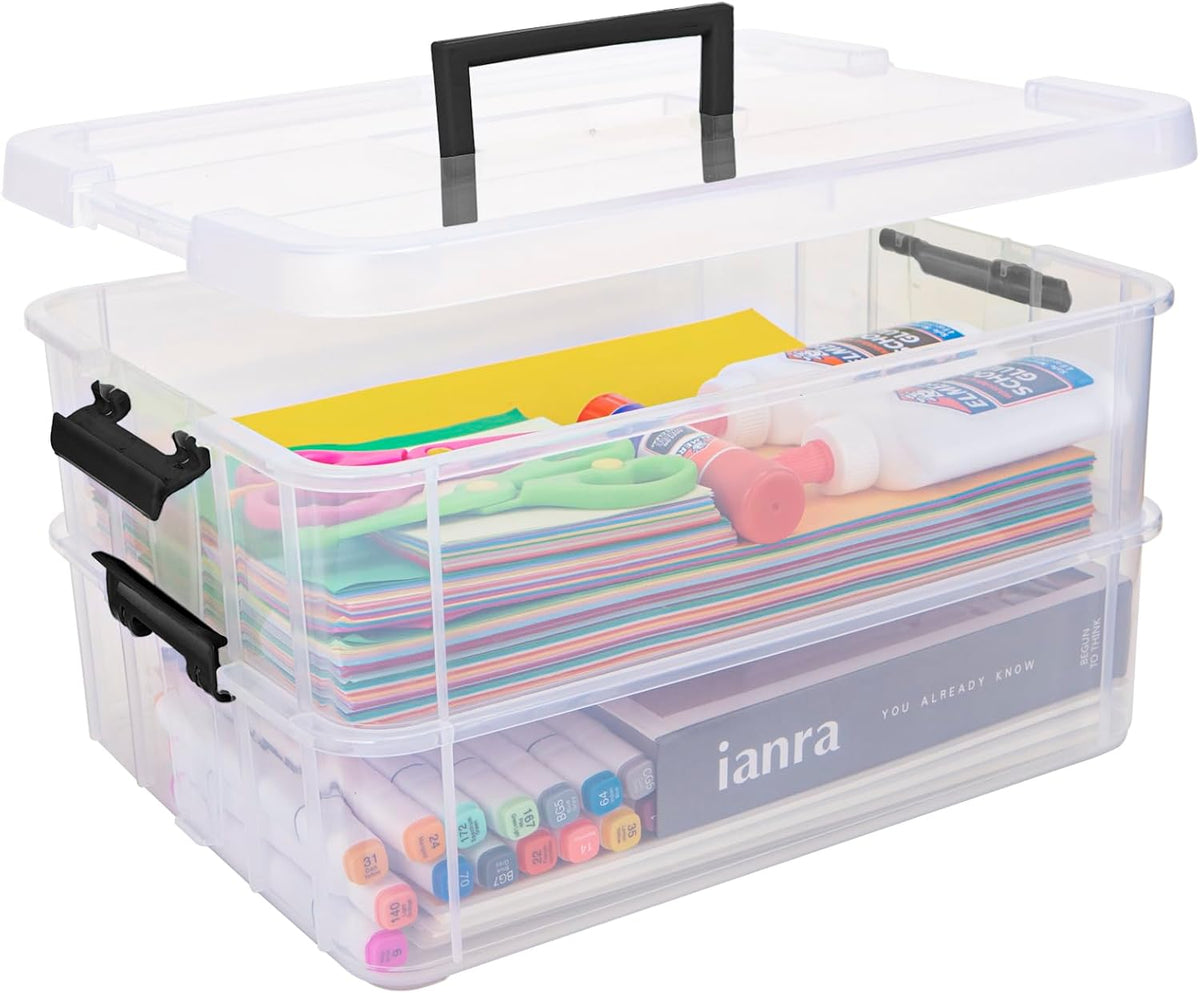 TERGOO 2 Layer Plastic Storage Containers with Lids, Multipurpose Clear Stack & Carry Box, Portable Craft Organizers and Storage Bin for Organizing Art & Craft, Sewing, Makeup, Nail Supplies (Purple)