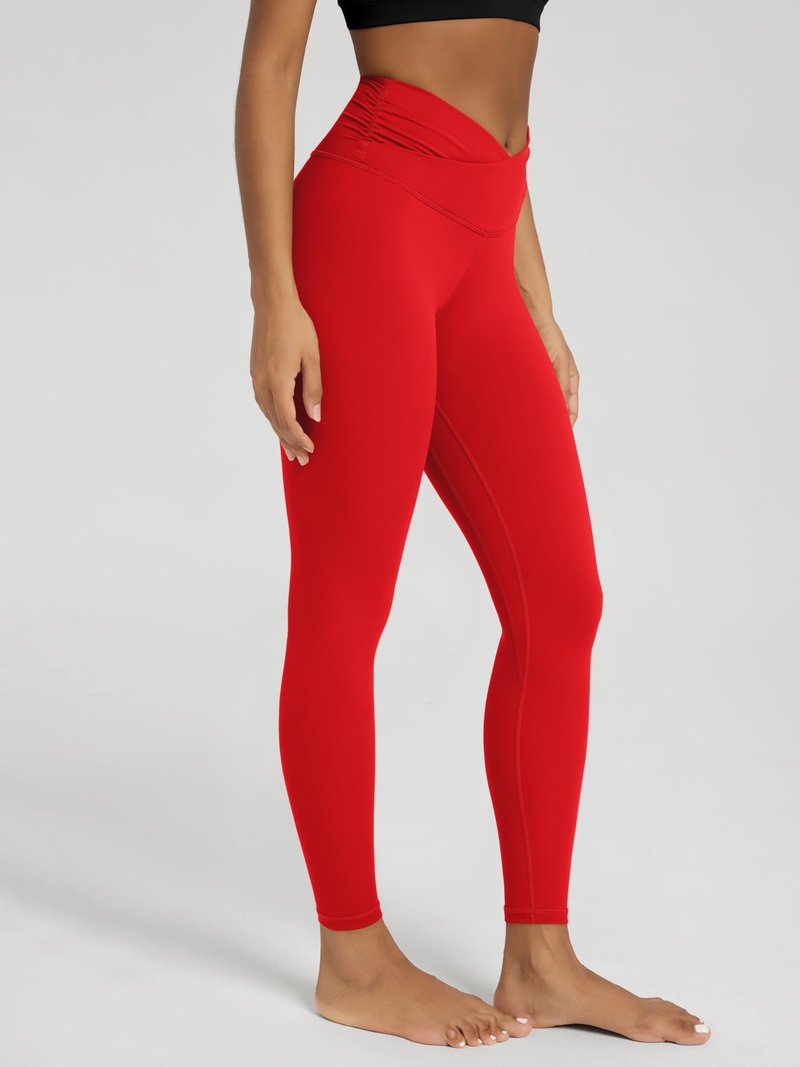 ODODOS Women's Cross Waist 7/8 Yoga Leggings with Inner Pocket, Inseam 25" Gathered Crossover Workout Yoga Pants, Red, Large