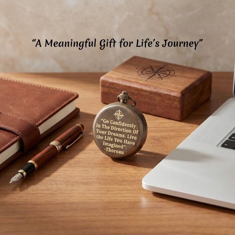 Solid Brass Engraved Compass | Go Confidently in Direction of Dreams Inspirational Thoreau Quote | Graduation & Baptism Gift | Vintage Antique Finish | Includes Wooden Case | Nautical Collectible