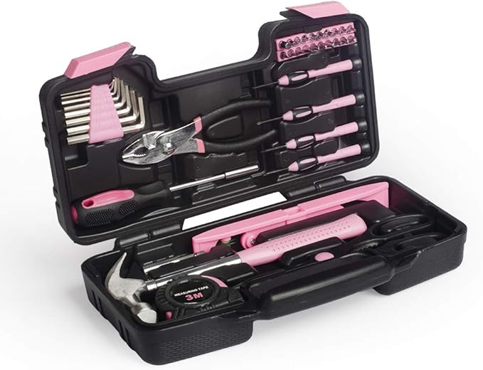 39-Piece General Tool Set-Essential Household Hand Tool Kit with Portable Toolbox Storage Case(Pink—Level Ruler))