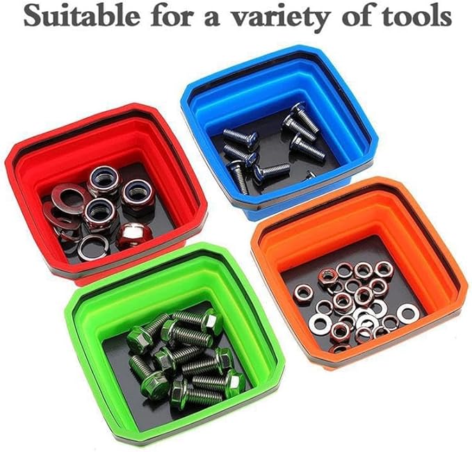 8 Pcs Magnetic Tool Tray Collapsible Magnetic Parts Tray Set 4.5 inch Square Silicone Bowls with Magnetic Base for Bolts Nuts Washers Pins Screw Parts (Red, Orange, Blue, Green)