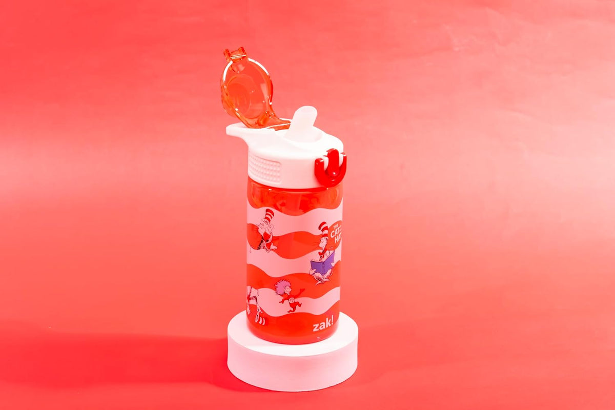Zak Designs Dr. Seuss Kids Water Bottle - 16oz Durable Plastic with Straw & Leak-Proof Spout | The Cat in the Hat