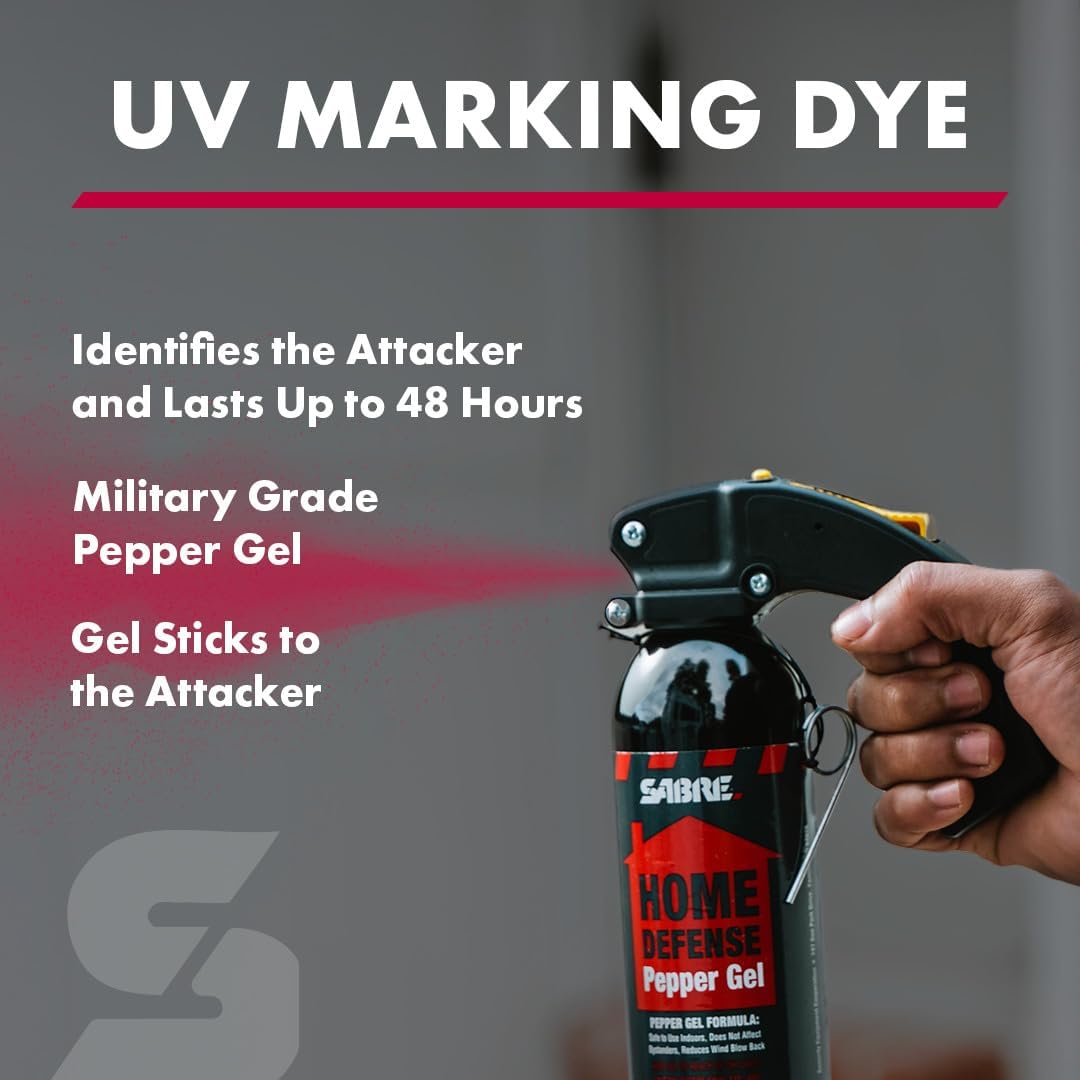 SABRE Red Home Defense Pepper Gel - Max Strength OC Spray with Wall Mount & UV Marking Dye | 32 Bursts