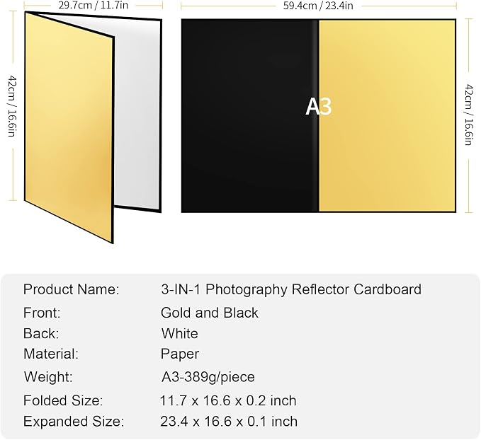 Meking 17" x 12"/43 x 30cm Light Reflector Photography Cardboard, 3-in-1 Studio