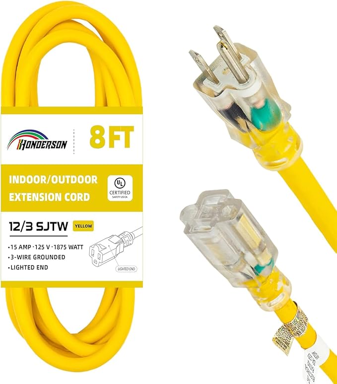 Indoor Outdoor Extension Cord Weatherproof with Lighted End, UL Certified, 12 Gauge 8FT Yellow 3 Prong Heavy Duty, 12/3 SJTW 15A Power Cord for Outdoor Lights, Lawn