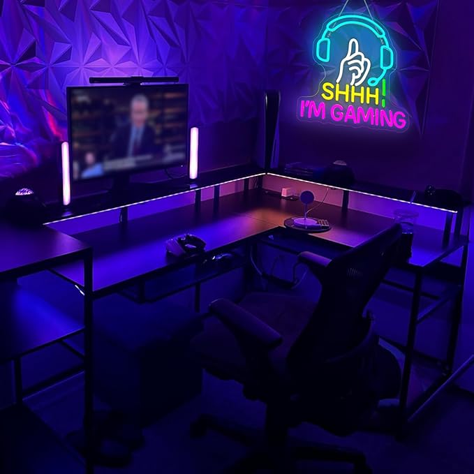 Game Neon Sign Shhh I'm Gaming Light Sign Blue Headset Hand Gesture Design Pink Neon Gaming LED Light USB Powered Dimmable Game Room Wall Decor for Bedroom Man Cave Teen Gamer Gifts