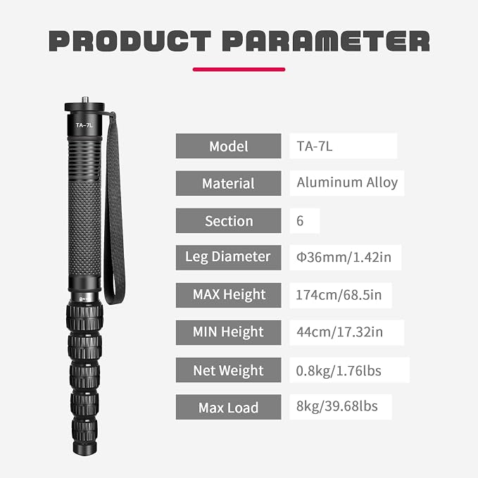 TONYBOO 68.5” Aluminum Camera Monopod, Lightweight & Portable, 5-Section Travel