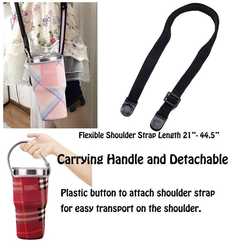 TuNan 3PCS Tumbler 30oz Carrier Holder Pouch & Shoulder Strap for YETI, Rtic, Atlin, Ozark Trail, Rambler, Neoprene Sleeve with Carrying Handle-(Plaid Red,Pink,Black)