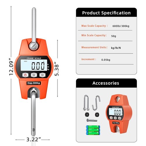 High-Accuracy Hanging Scale 660lb/300kg - Durable Aluminum Frame with LCD Display | Versatile Fishing & Luggage Scale
