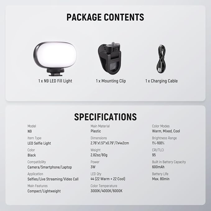 NEEWER Basics Portable Selfie Light, 3W Clip on Phone Small LED Cold Shoe