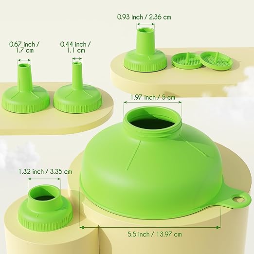 Pisol Wide Mouth Versatile Funnel, Canning Funnels for Kitchen Use, Food Grade Plastic Cooking Funnel Set with 4 Size Spouts and 2 Strainers for Filling Different Bottles and Bags, Green