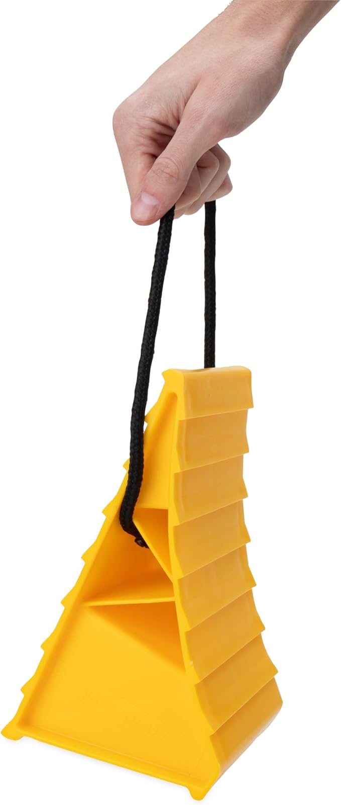 Camco Standard Wheel Chock w/Rope for Trailers - Heavy Duty RV Wheel Chock Constructed of Durable Plastic w/UV inhibitors - Features Rope Handle for Easy Removal - Use w/Tires Up to 26-in - 44472