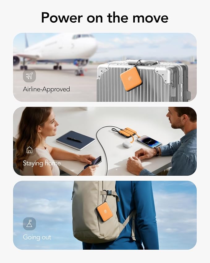 VRURC Portable Charger USB C for iPhone, Cargador Portátil para iPhone 10000mAh, Power Bank with Built-in Cables, 22.5W Fast Charging, LED Display, Slim for iPhone 17 Pro Max & Series (Orange)