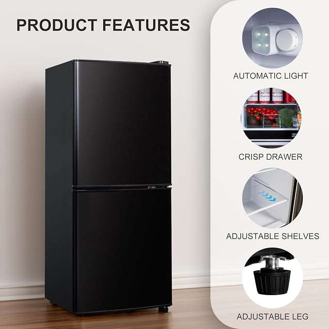 4.2 Cu Ft Mini Fridge for Bedroom, 2 Door Small Fridge, Small Refrigerator | 7 Level Thermostat, LED Light, for Bedroom, Office, Dorm - Black