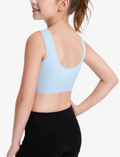 BOOPH Girls Training Bras Kids Seamless Bras Longline Crop Fixed Pads Bra Chest Double Lined for Teen Girl Sports - Skin Pink Blue White 9-11Y