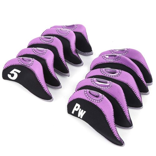 HilBeliFU 10Pcs Head Covers for Golf Clubs, Neoprene Golf Iron Covers Set with Number Convenient, Soft Universal Iron Club Head Cover for Outdoor, Sports Lovers, Black Purple