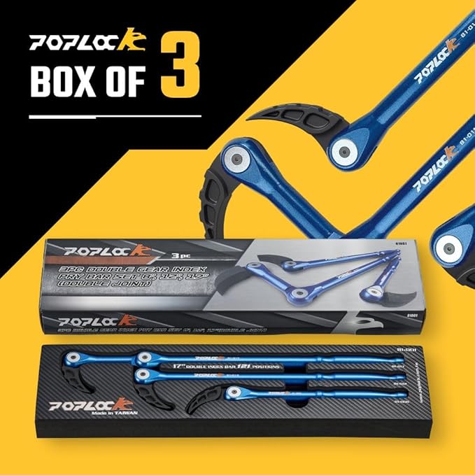 Poplock 3 Piece Indexing Pry Bar Set – Adjustable Automotive Pry Bars 8", 12" with 121 Positions Double Joint 17" | Heavy Duty Trim & Panel Removal Tool for Mechanics