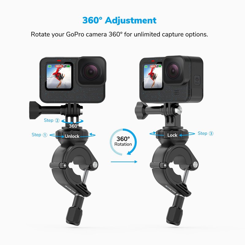 Sametop Handlebar Bike Pole Mount Motorcycle Clamp Mount Compatible with GoPro Hero 13 12 11 10 9 8 7 6 5 Session DJI Action Cameras - 360 Degree Rotation