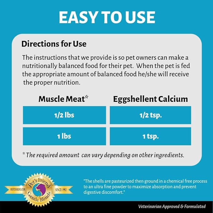 Calcium for Dogs and Cats - Fine Eggshell Powder - Strong Hip & Joint Supplement for Dogs and Cats- Dietary Supplement - No Additives - Pet's Friend Eggshellent Calcium 16oz
