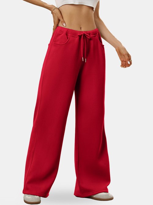 ELLEVEN Womens Wide Leg Fleece Lined Baggy Sweatpants Low Rise Elastic Waist Pockets Cotton Warm Lounge Thermal Pants Winter Fall Autumn 2026 Pants Mujer Athletic Gym Yoga Red Large