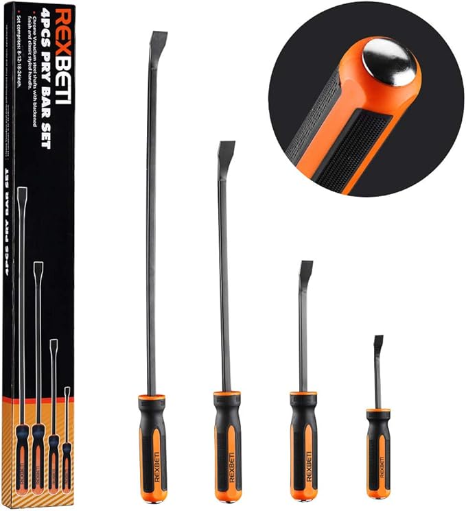 REXBETI Pry Bar Set, 8", 12", 18" and 24" Heavy Duty Pry Bar 4-Piece Mechanic Hand Tools, Thicker Strike Cap Handle, Black Orange