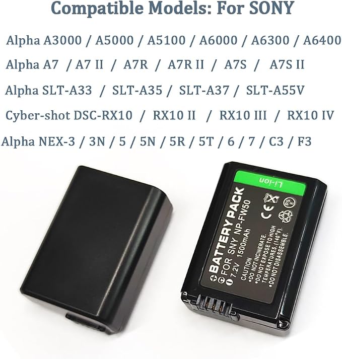 NP-FW50 7.2V 1500 mAh 2-Pack Rechargeable Lithium Ion Battery Pack Compatible