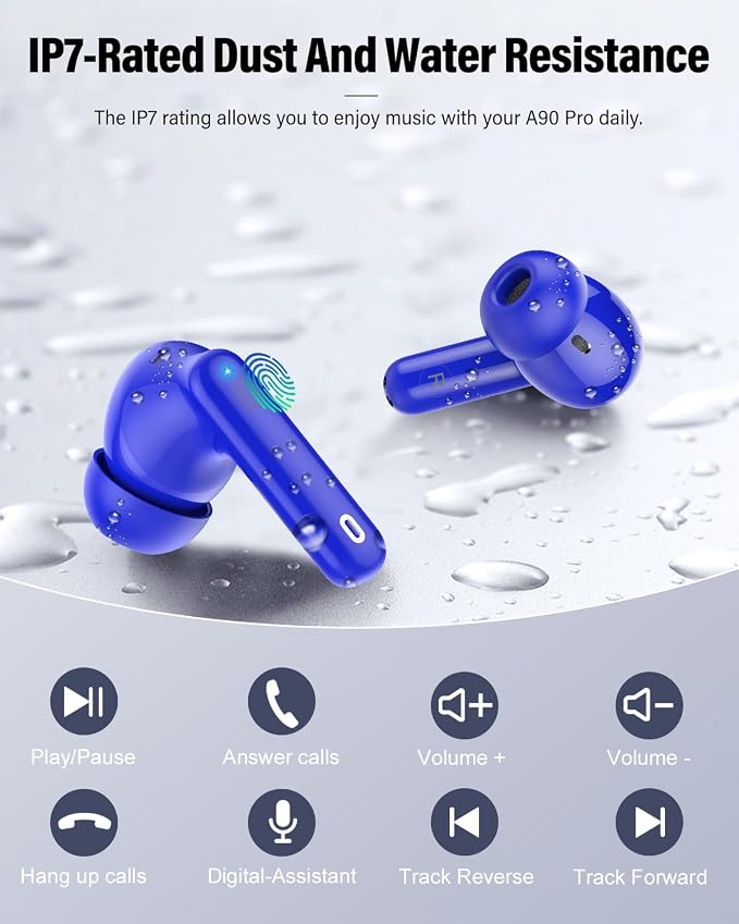 Wireless Earbuds, Bluetooth 5.4 Headphones Bass Stereo/Clear Calls, Blue | Ear Buds with Noise Cancelling Mic LED Display in Ear Earphones IP7 Waterproof 36H Bluetooth Earbuds for Phones/Sport/Laptop
