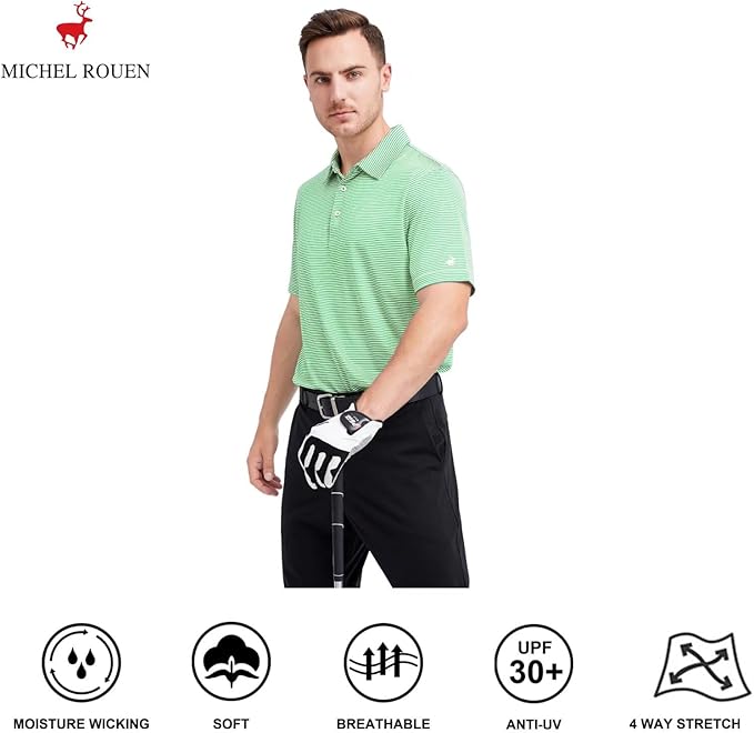 Mens Golf Shirt Moisture Wicking Dry Fit Performance Sport Short Sleeve Striped Golf Polo Shirts for Men